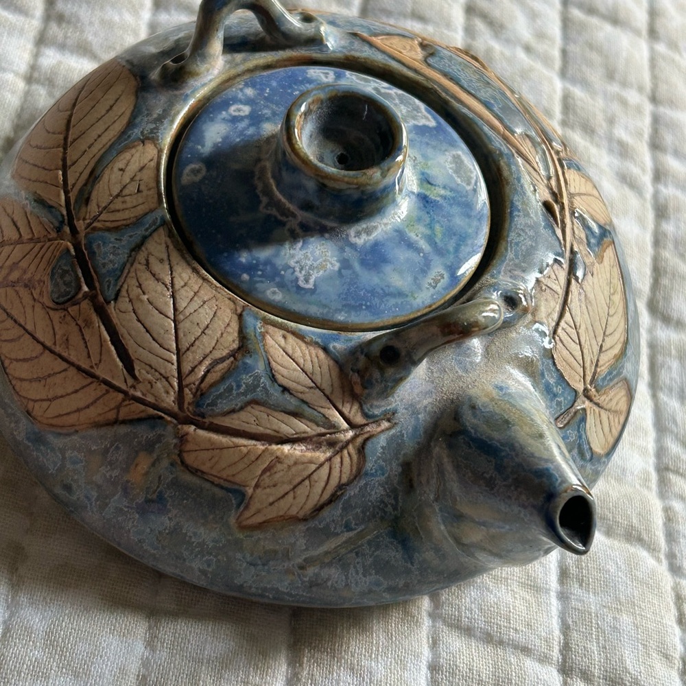 Blue and Brown Ceramic Art Teapot with Botanical Design - Picture 6 of 9